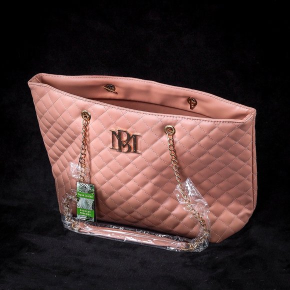 NWT Badgley Mischka | Blush & Goldtone Diamond-Quilted Logo Tote - Picture 3 of 3